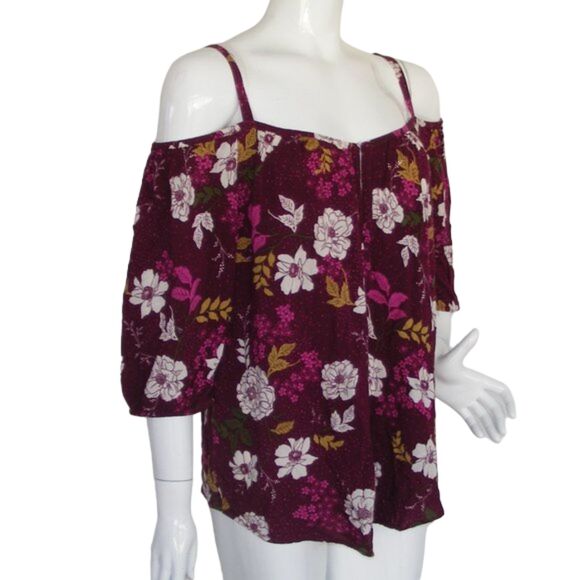 TORRID Camisole Top, 2/2X, Floral on Berry, Spag straps, Cold shoulder, 3/4 slvs - Picture 2 of 11